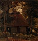 Woman Canvas Paintings - Cottage and Peasant Woman under the Trees